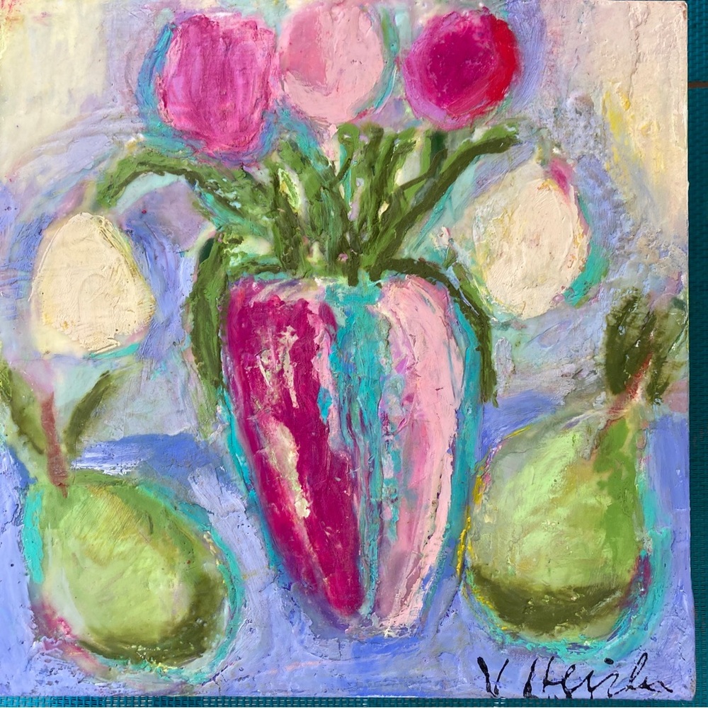 Hand painted Tulips and Pear still life Painting Oil and Encaustic8”x8”Original